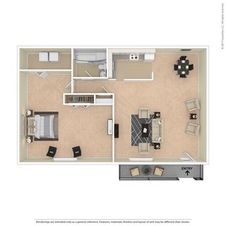 A floor plan of a house with a kitchen, living room, and two bedrooms.