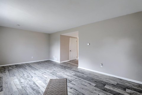 A room with a wooden floor and a door in the background.