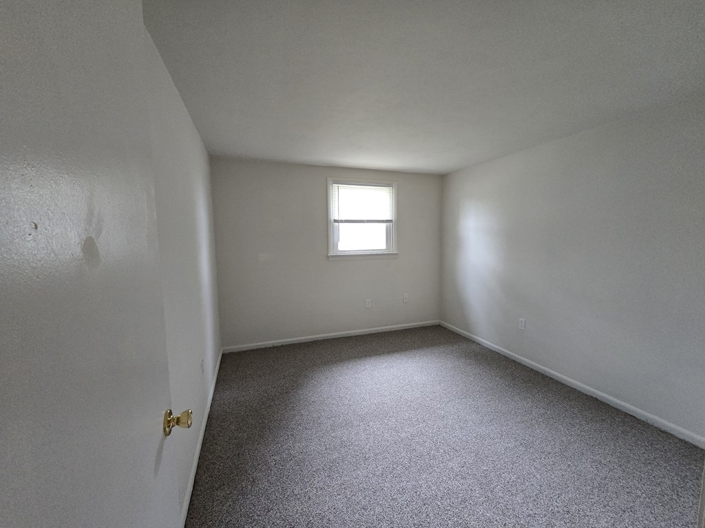 A room with a carpeted floor and a window letting in light.