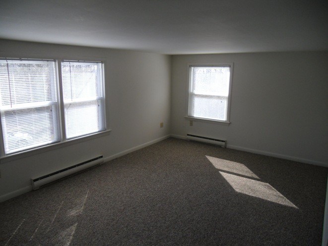 A room with a carpeted floor and two windows.