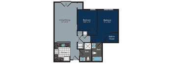 A floor plan of a small apartment with a living/dining area, kitchen, two bedrooms, a bathroom, and a walk-in closet.