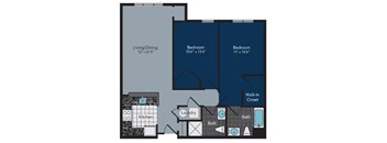 A floor plan of a small apartment with a living/dining area, two bedrooms, a kitchen, laundry, and bathroom.