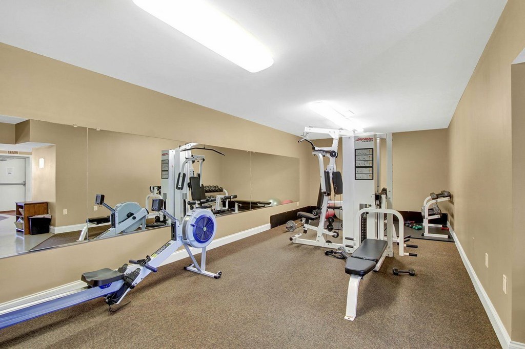 A well-equipped gym with a variety of machines and a mirror on the wall.