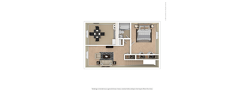 A floor plan of a room with a kitchen, living room, and bathroom.