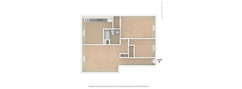 A floor plan of a small apartment with a kitchen, bathroom, and living room.