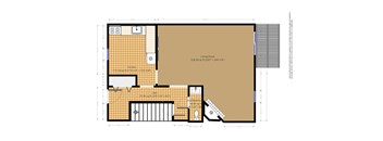 A floor plan of a house with a living room, kitchen, and two bathrooms.