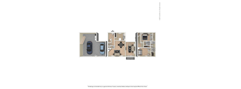 A floor plan of a house with three bedrooms, a living room, a kitchen, and a garage.