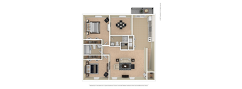 A floor plan of a house with a kitchen, living room, and bathrooms.