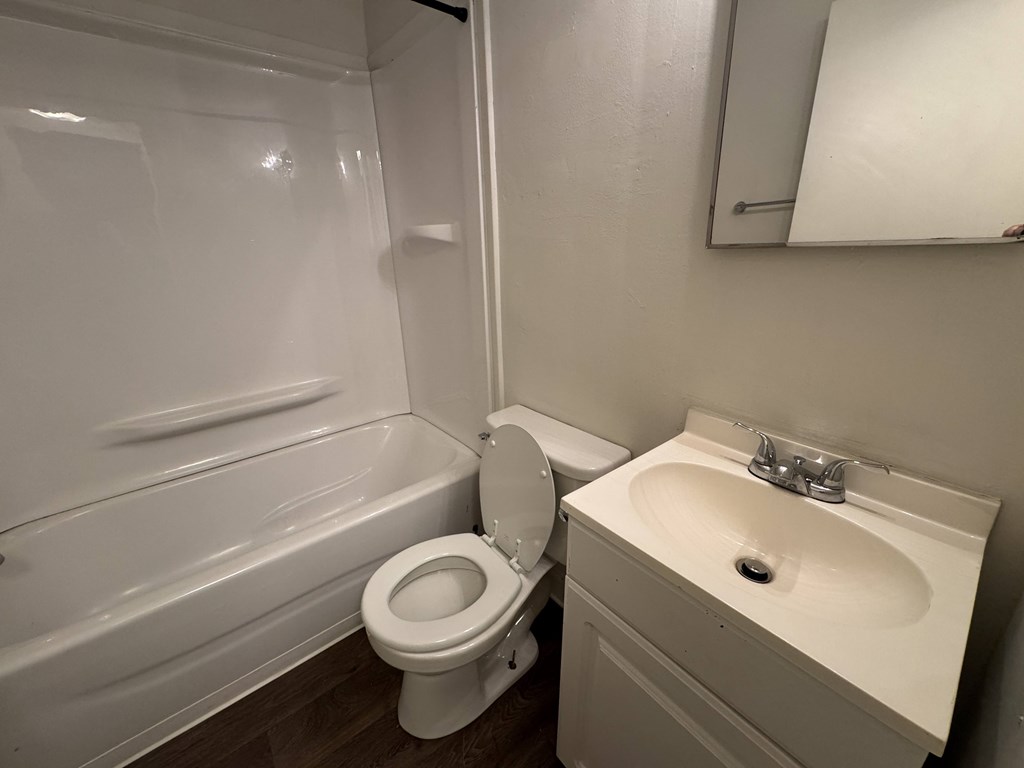 A white toilet sits next to a sink in a small bathroom.