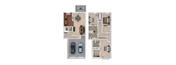 A floor plan of a house with two bedrooms, two bathrooms, a living room, a kitchen, and a garage.