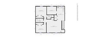 A floor plan of a house with a garage, living room, dining room, kitchen, and two bathrooms.