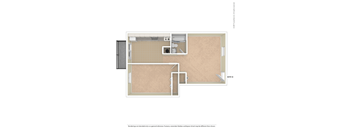 A floor plan of a room with a kitchen, a bathroom, and a living room.