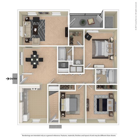 A floor plan of a house with a kitchen, living room, dining room, and bathrooms.