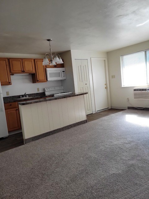 A kitchen with white cabinets and a microwave above the stove.