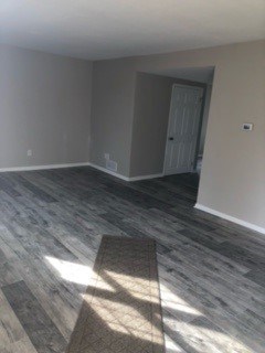 A room with a wooden floor and a white door.