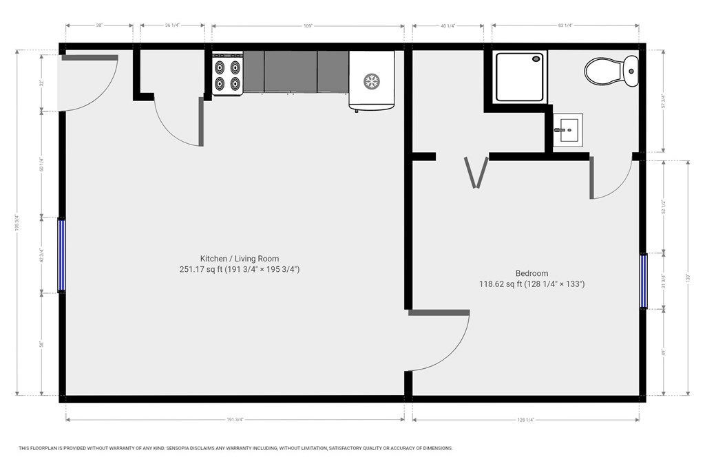 A floor plan of a room with a kitchen, living room, and bedroom with their respective dimensions.