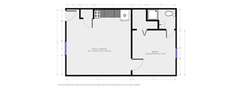 A floor plan of a room with a kitchen, living room, and bedroom with their respective dimensions.