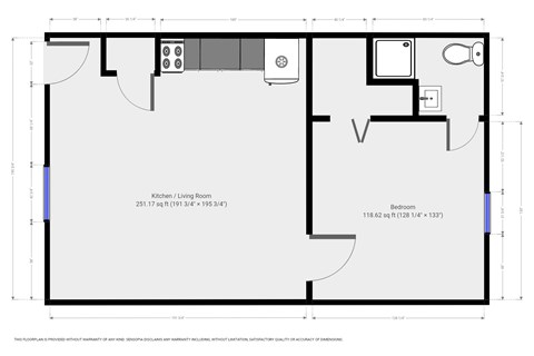 A floor plan of a room with a kitchen, living room, and bedroom with their respective dimensions.