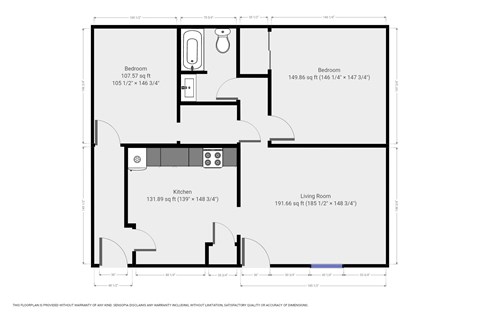 A floor plan of a house with a kitchen, living room, and two bedrooms.