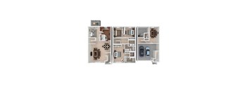 A top-down view of a house layout with a living room, kitchen, dining area, and two bedrooms.