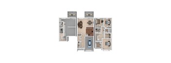 A top down view of a house layout with a kitchen, living room, bedrooms and bathrooms.