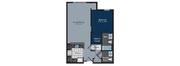 A floor plan of a small apartment with a living/dining area, kitchen, laundry, powder room, and bedroom.