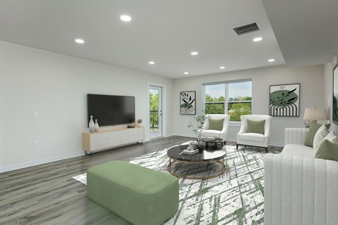 A modern living room with a green ottoman and white furniture.