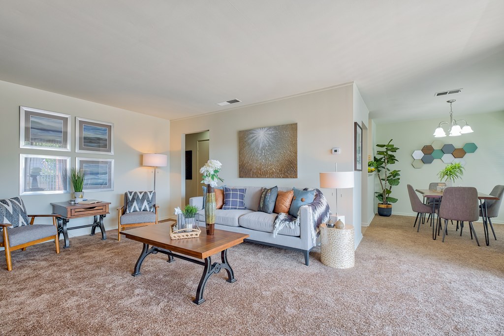 A living room with a grey couch, a wooden coffee table, and a rug.