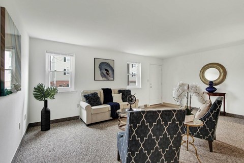 A living room with a grey carpet and a white couch.