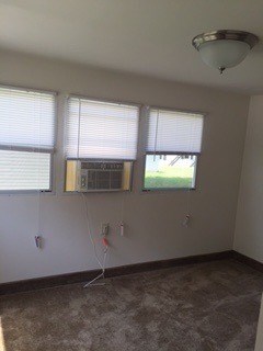 A room with a carpet floor, two windows with blinds, and a ceiling light.