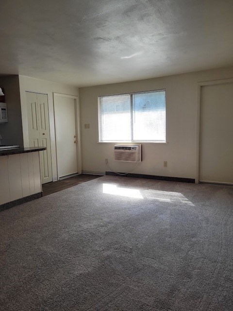 A room with a window and a carpeted floor.