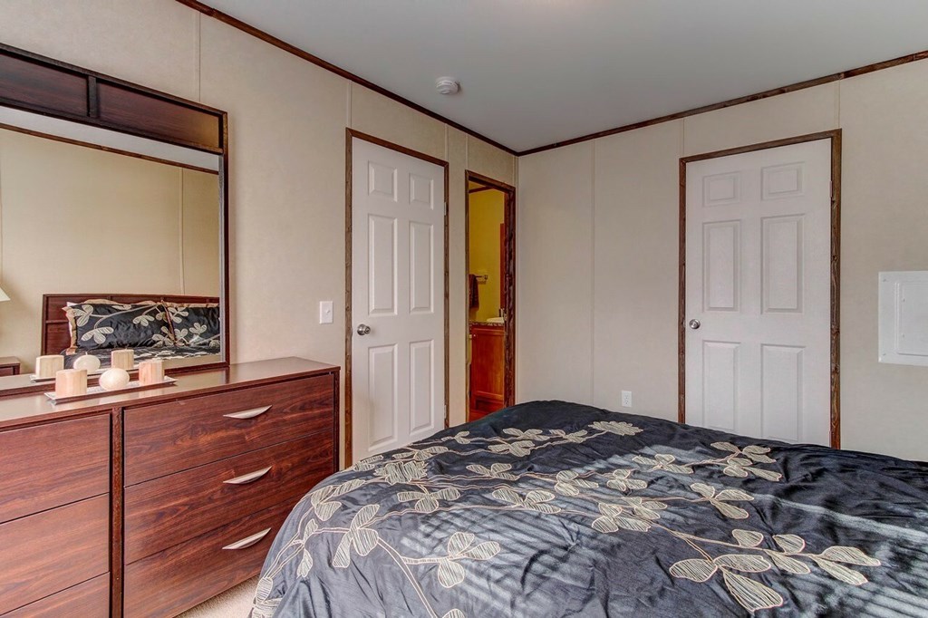 A bedroom with a bed, dresser, and mirror.