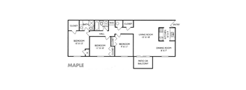 A maple colored floor plan of a home with two bedrooms, a living room, a dining room, a kitchen, a bathroom, a hallway, and a closet.