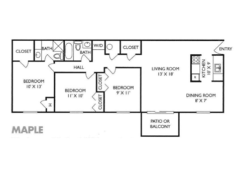 A maple colored floor plan of a home with two bedrooms, a living room, a dining room, a kitchen, a bathroom, a hallway, and a closet.