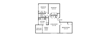 A floor plan of a house with two bedrooms, a living room, a dining room, a kitchen, a bathroom, and a closet.
