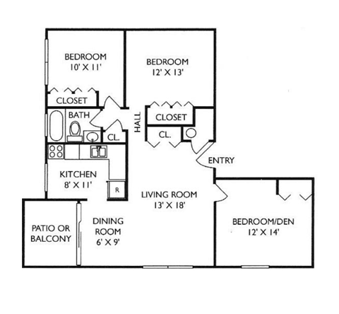 A floor plan of a house with two bedrooms, a living room, a dining room, a kitchen, a bathroom, and a closet.