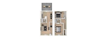 A floor plan of a house with a kitchen, living room, and two bathrooms.