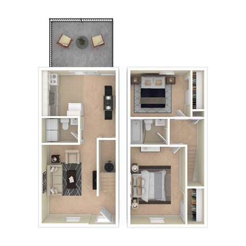 A floor plan of a house with a kitchen, living room, and two bathrooms.