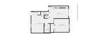A floor plan of a house with a living room, two bedrooms, a bathroom, and a kitchen.