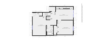 A floor plan of a house with a living room, kitchen, and two bathrooms.