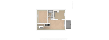 A floor plan of a room with a kitchen area, a bathroom, and a living room.