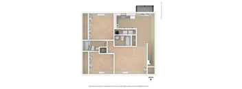 A floor plan of a small apartment with a kitchen, living room, and bathroom.