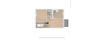 A drawing of a room with a kitchen and a bed.