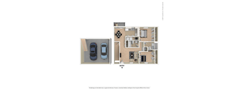 A floor plan of a house with two cars parked in the garage.