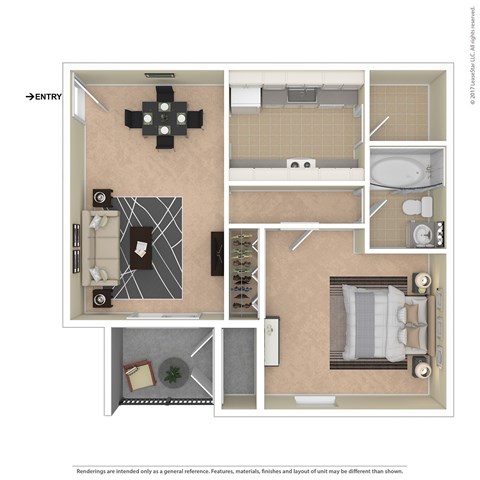 A floor plan of a small apartment with a kitchen, living room, and bathroom.