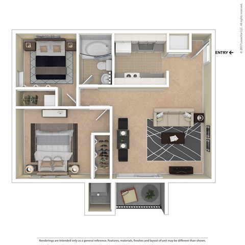 A floor plan of a room with a bed, a couch, a table, and a chair.