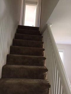 A brown carpeted staircase with white railings.