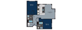 A floor plan of a home with a living/dining area, kitchen, and three bedrooms.