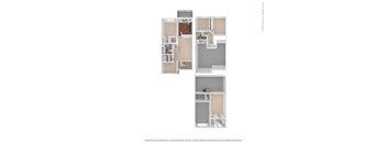 A floor plan of a building with multiple rooms and a staircase.