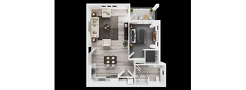 A top-down view of a modern kitchen and living room.